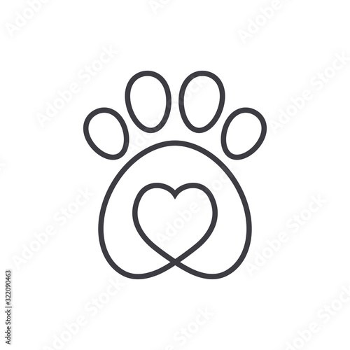 Dog friendly icon. Dog footprint symbol with a heart. Outline design.