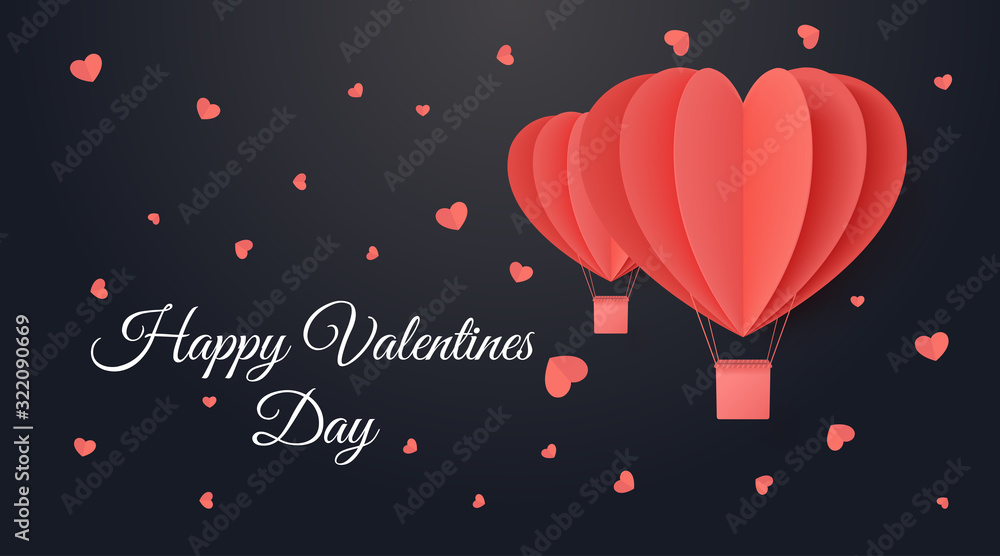 Obraz premium Happy valentine's day. Valentine luxury greeting card on a dark background. Two paper cut red heart shape origami made hot air balloons flying. Holiday romantic trip image. Love voyage tour