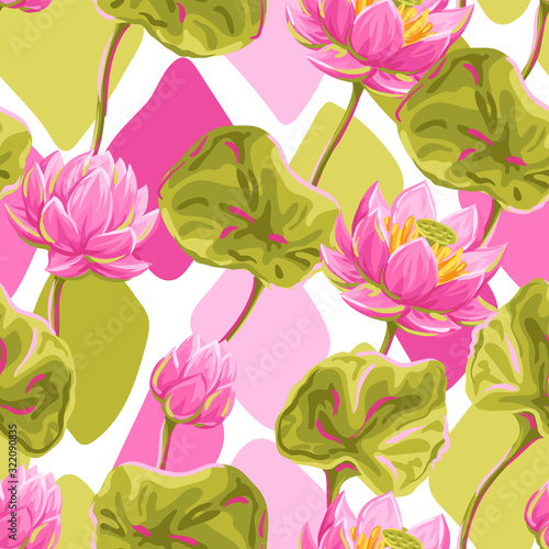 Seamless pattern with lotus flowers. Water lily decorative illustration.