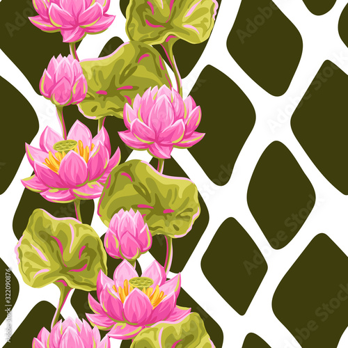Seamless pattern with lotus flowers. Water lily decorative illustration.
