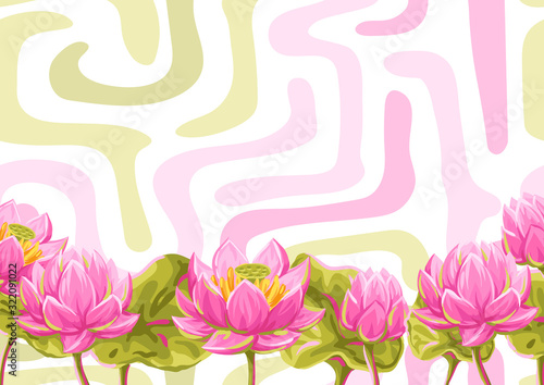 Background with lotus flowers. Water lily decorative illustration.