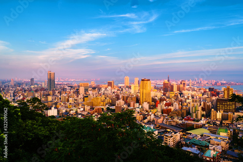 Aerial view of downtown in Kobe, Japan at sunset