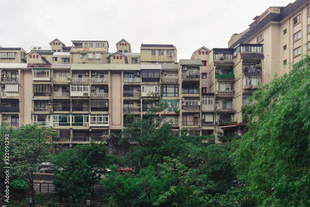 Taipei, Taiwan - SEP 14, 2019: Buildings with a lot of stream near the famous beitou hot springs thermal valley.