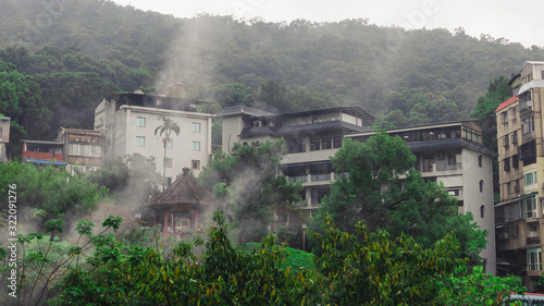 Taipei, Taiwan - SEP 14, 2019: Buildings with a lot of stream near the famous beitou hot springs thermal valley.