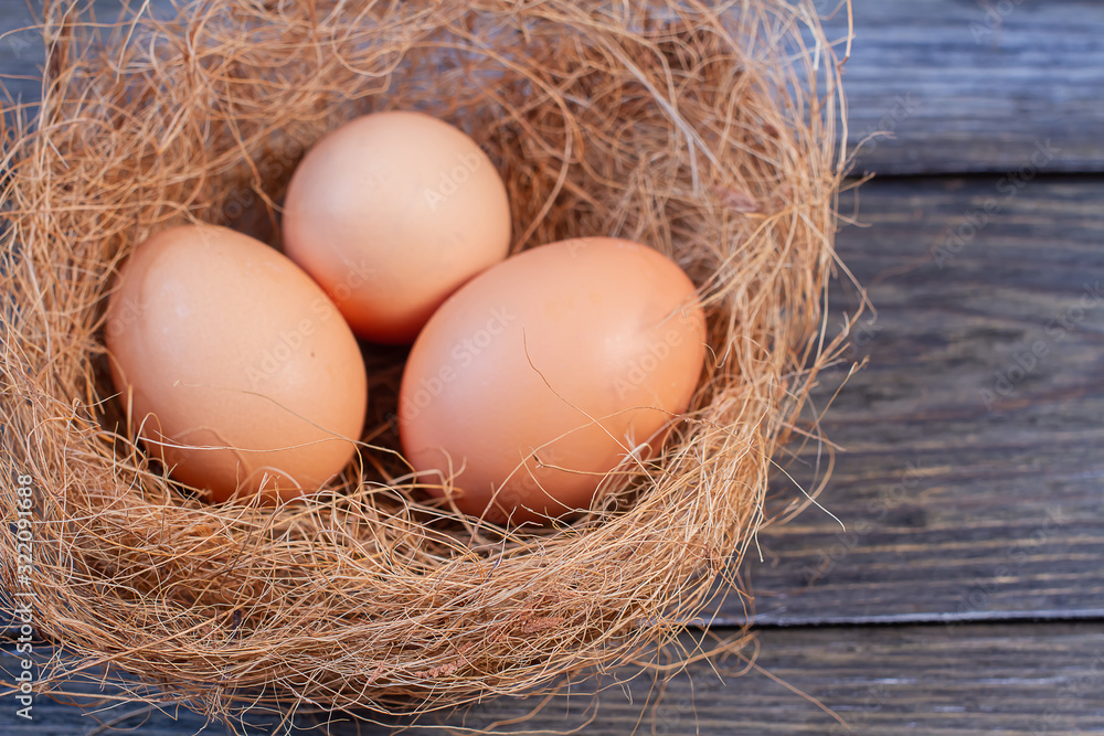 Macro shoot of brown eggs at hay nest in chicken farm Macro shoot of brown eggs at hay nest in chicken farm