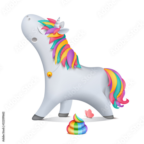 Cute cartoon going unicorn character with bell. Rainbow poop