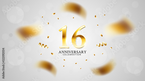 16th anniversary celebration with gold color and white background bokeh effects and sparkling confetti. modern elegant design can be used for a wedding or company. editable vector EPS 10