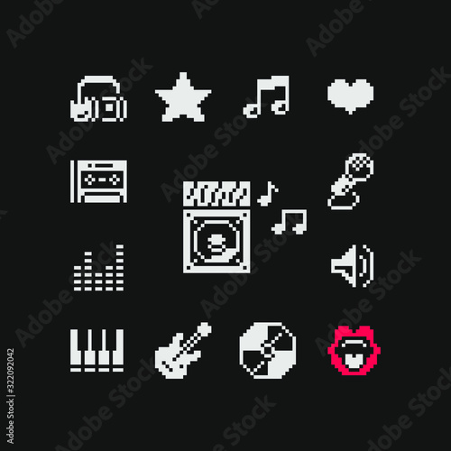 1-bit music icons set, piano, headphones, guitar, cd disc and musical note isolated vector illustration. 80s pixel art. Flat style. 1-bit sprite. Game assets. Design for logo, web, sticker, mobile app