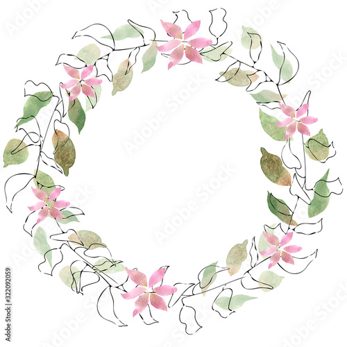 Watercolor floral wreath with pink and lilac tropical flowers magnolias, green leaves, gold elements. Wedding invitations, greeting cards