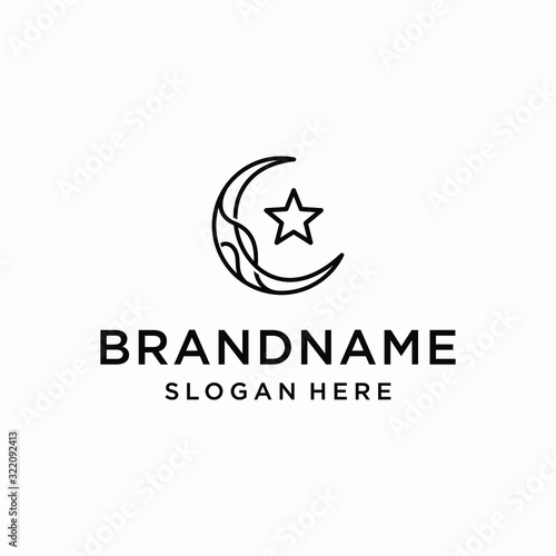 abstract crescent moon logo with star icon vector illustration in trendy line linear art style