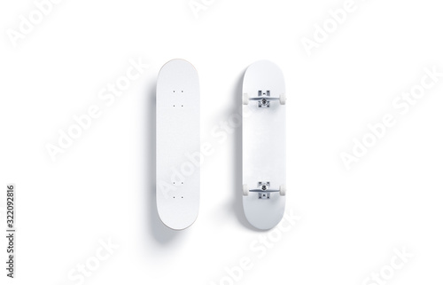 Blank white wood skateboard mockup, front and back side