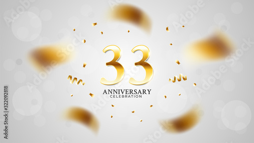 33rd anniversary celebration with gold color and white background bokeh effects and sparkling confetti. modern elegant design can be used for a wedding or company. editable vector EPS 10