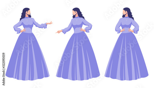 Woman in a lush dress gestures with her hands. Vector illustration on white background