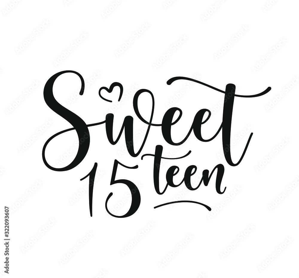 Sweet 15teen. Happy Birthday lettering sign. Design elements for postcard, poster, graphic, flyer. Simple vector brush calligraphy. Stock illustration Isolated on white background. Sweet 15teen. Happy Birthday lettering sign. Design elements for postcard, poster, graphic, flyer. Simple vector brush calligraphy. Stock illustration Isolated on white background.