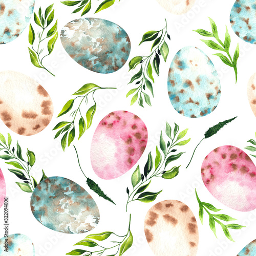 Fototapeta Naklejka Na Ścianę i Meble -  Watercolor Easter seamless pattern with Easter bunnies, eggs, basket, balloon, car, flags, delicate pink Apple blossoms, branches, leaves and twigs