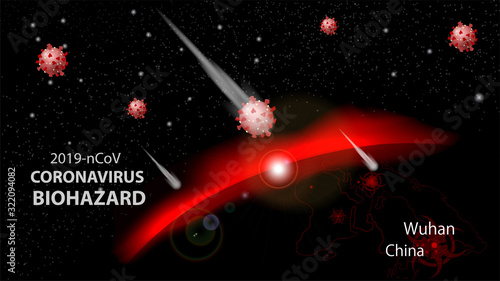 banner coronavirus attacks the earth from space the night sky falling meteorites the map shows the centers of the outbreak