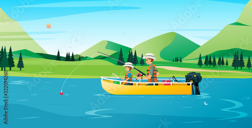 Father and son fishing on a boat with a mountain in the background.