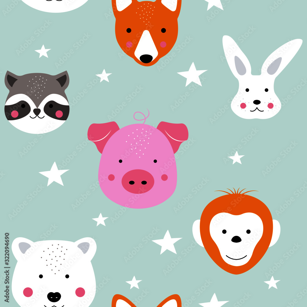 Fototapeta premium Animal seamless pattern. Cute childish funny animals faces in scandinavian style. Baby isolated texture, vector illustration for fabric, wrapping, textile, wallpaper, apparel