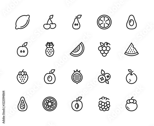 Fruit line icons. Thin outline tropical citrus fruits set like apple kiwi peach melon pear orange mango grape signs, healthy vegetarian symbol. Vector editable stroke