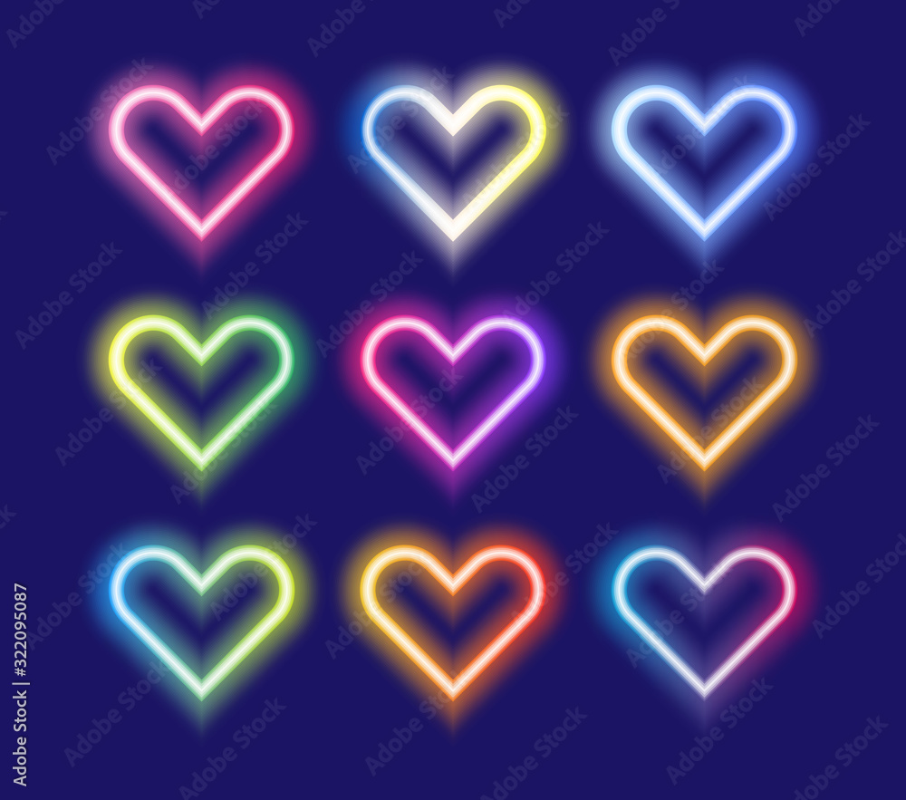 Love bright neon gradient isolated hearts in romantic style. Set of vector light abstract led icons. Colorful illuminated amour concept. Love bright neon gradient isolated hearts in romantic style. Set of vector light abstract led icons. Colorful illuminated amour concept.