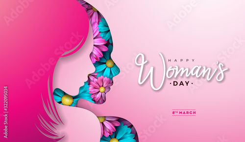 Plakat 8 March. Womens Day Greeting Card Design with Young Woman Silhouette and Flower. International Female Holiday Illustration with Typography Letter on Pink Background. Vector Calebration Template.