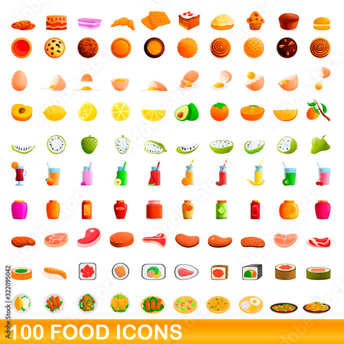 100 food icons set. Cartoon illustration of 100 food icons vector set isolated on white background
