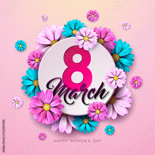 8 March. Happy Womens Day Floral Greeting card. International Holiday Illustration with Flower Design on Pink Background. Vector Spring Template.
