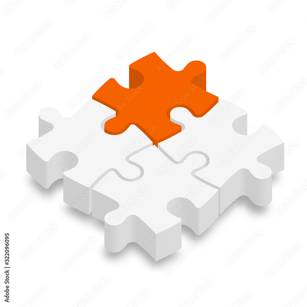 3D jigsaw puzzle pieces. White pieces with one orange highlighted. Team cooperation, teamwork or solution business theme. Vector illustration with dropped shadow 3D jigsaw puzzle pieces. White pieces with one orange highlighted. Team cooperation, teamwork or solution business theme. Vector illustration with dropped shadow