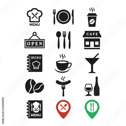 Restaurant and cafe icons set on white background.