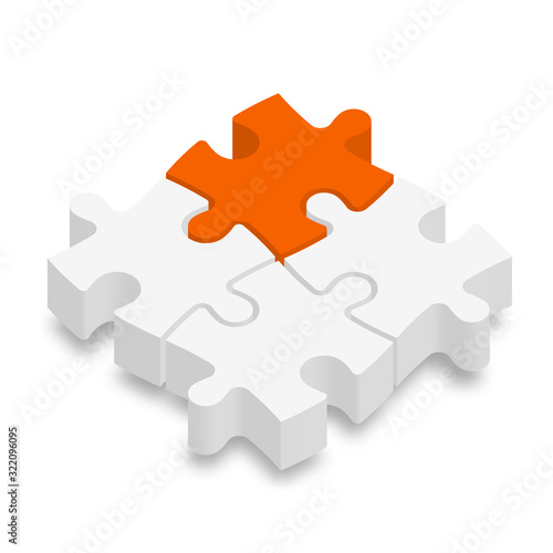 3D jigsaw puzzle pieces. White pieces with one orange highlighted. Team cooperation, teamwork or solution business theme. Vector illustration with dropped shadow