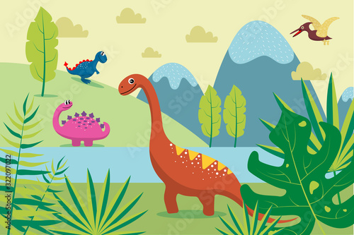 Cartoon dinosaurs on background of mountains, river, tropical leaves. Landscape of prehistoric time. animal illustration background © Elena