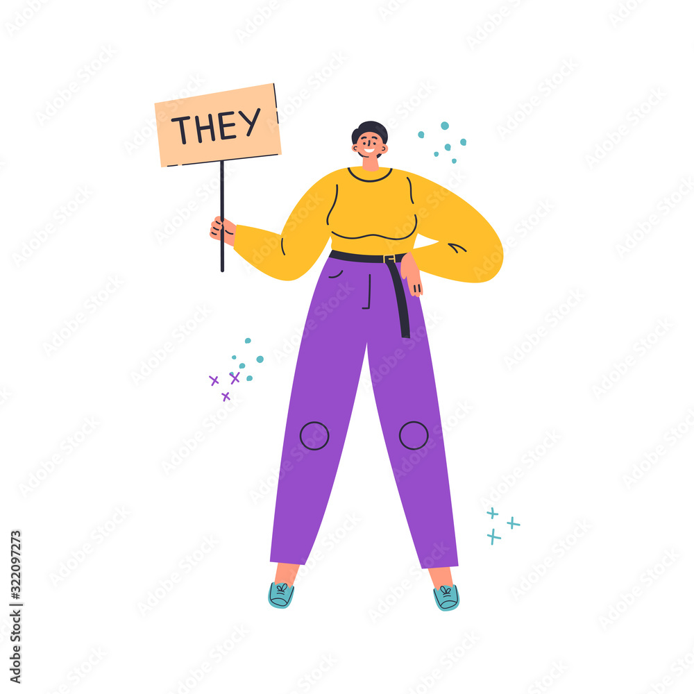 Three young people standing together.Inscription she,he,they.Gender ...