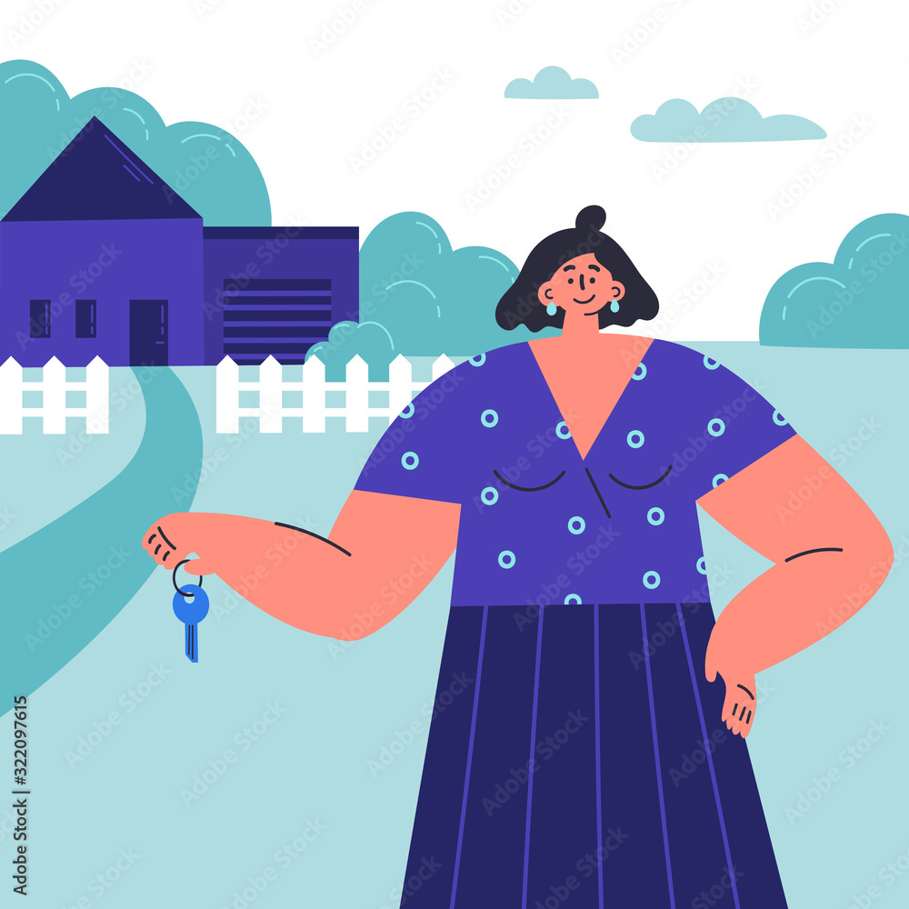Happy young confident woman with key from her own house,moving from town to village.Woman buys country house.Feminism.Flat cartoon character isolated on white background.Colorful vector illustration.