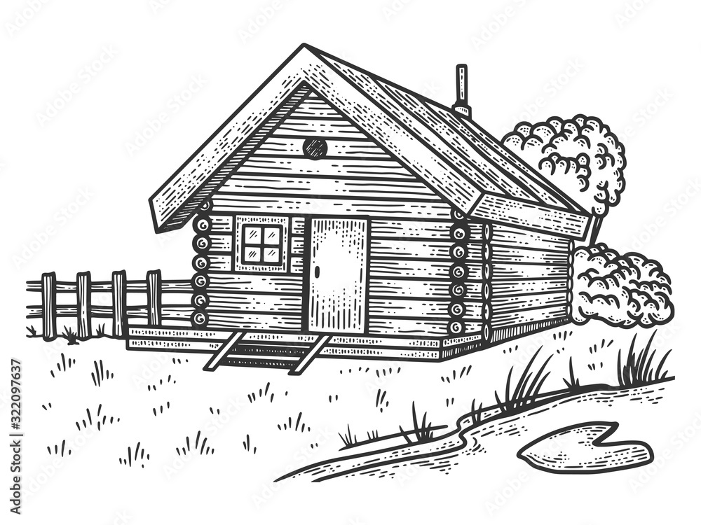 Wooden country farm house sketch engraving vector illustration. T-shirt apparel print design. Scratch board imitation. Black and white hand drawn image.