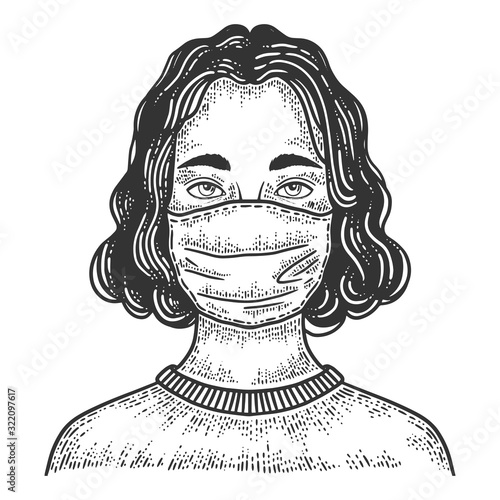 Young woman in medical surgical mask sketch engraving vector illustration. T-shirt apparel print design. Scratch board imitation. Black and white hand drawn image.