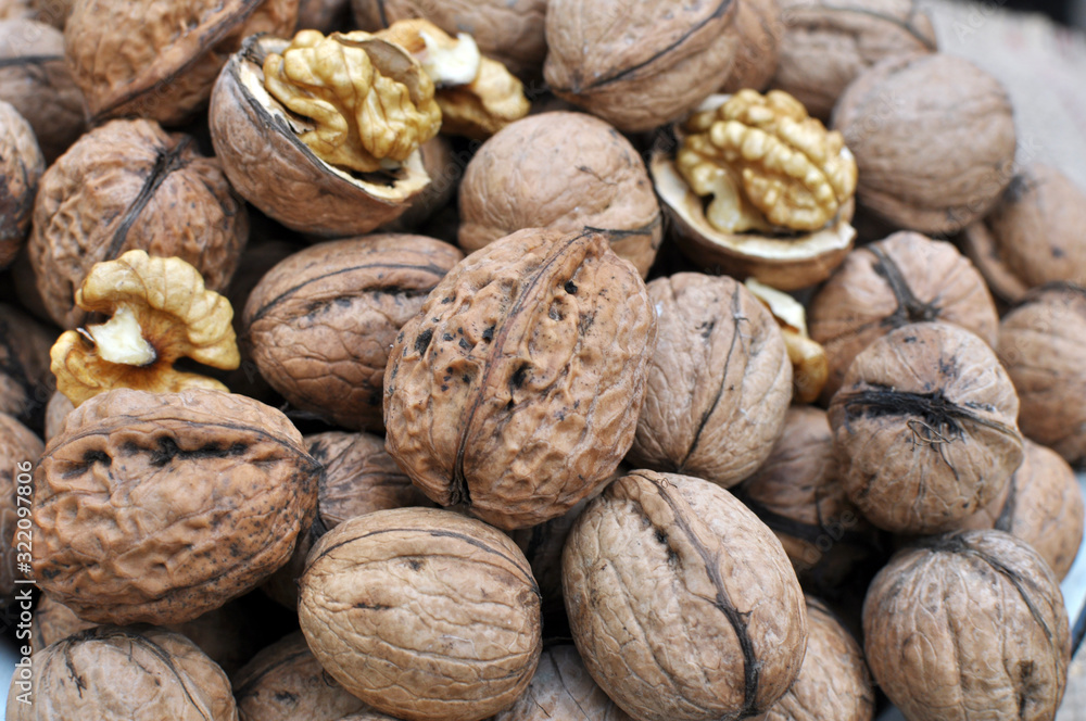 Walnuts are in a pile