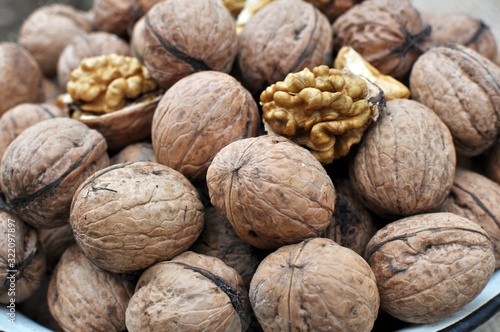 Walnuts are in a pile