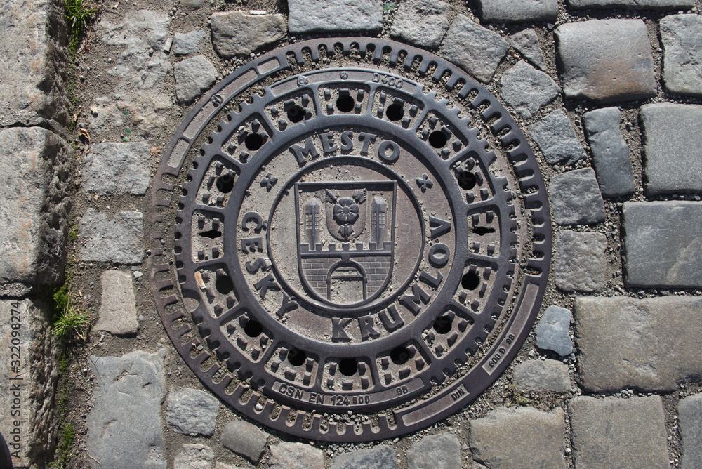 Manhole Cover with Royal Seal, Český Krumlov, Czech Republic (Czechia)