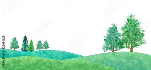 新緑の平原の風景、水彩イラストのトレースベクター