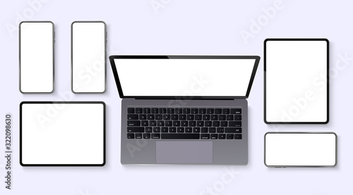 Vector minimalistic illustration set device. Smartphone, laptop, tablet, top view. Mockup generic device. Template for infographics or presentation. Modern communication device.