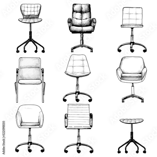 set of office chairs in the loft style for selecting and compiling the interior, sketch vector graphics isolated monochrome illustrations on a white background