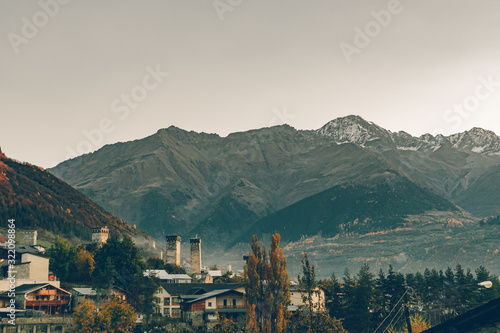 Landscape view of rural town and mountain of Mestia, Georgia.