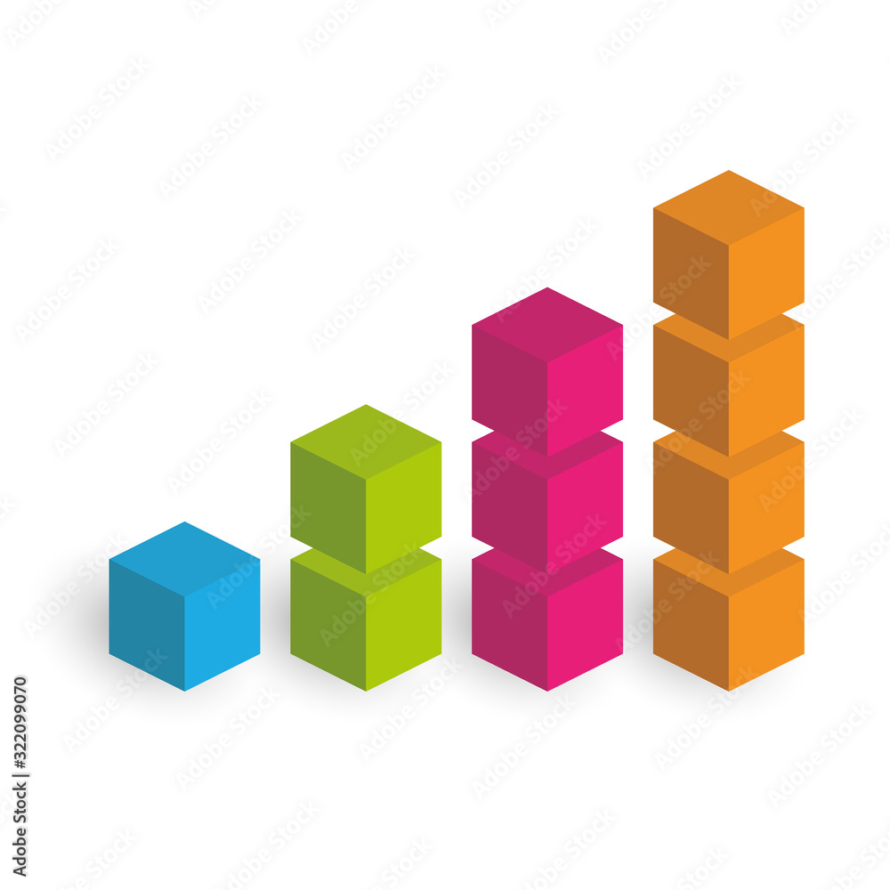Obraz premium Bar chart of 4 growing columns. 3D isometric colorful vector graph. Economical growth, increase or success theme