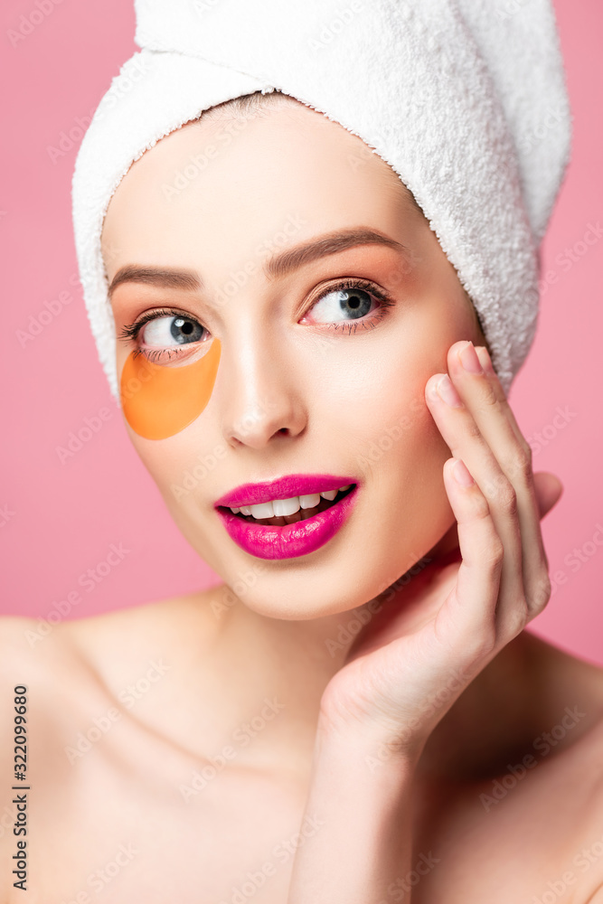 happy naked girl with eye patch looking away isolated on pink happy naked girl with eye patch looking away isolated on pink