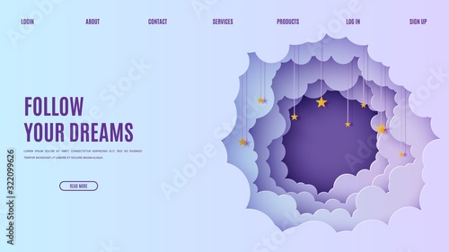 Night sky clouds round frame with stars on rope in paper cut style. Cut out 3d website template with violet and blue gradient cloudy landscape papercut art. Vector card for wish sweet dream good night