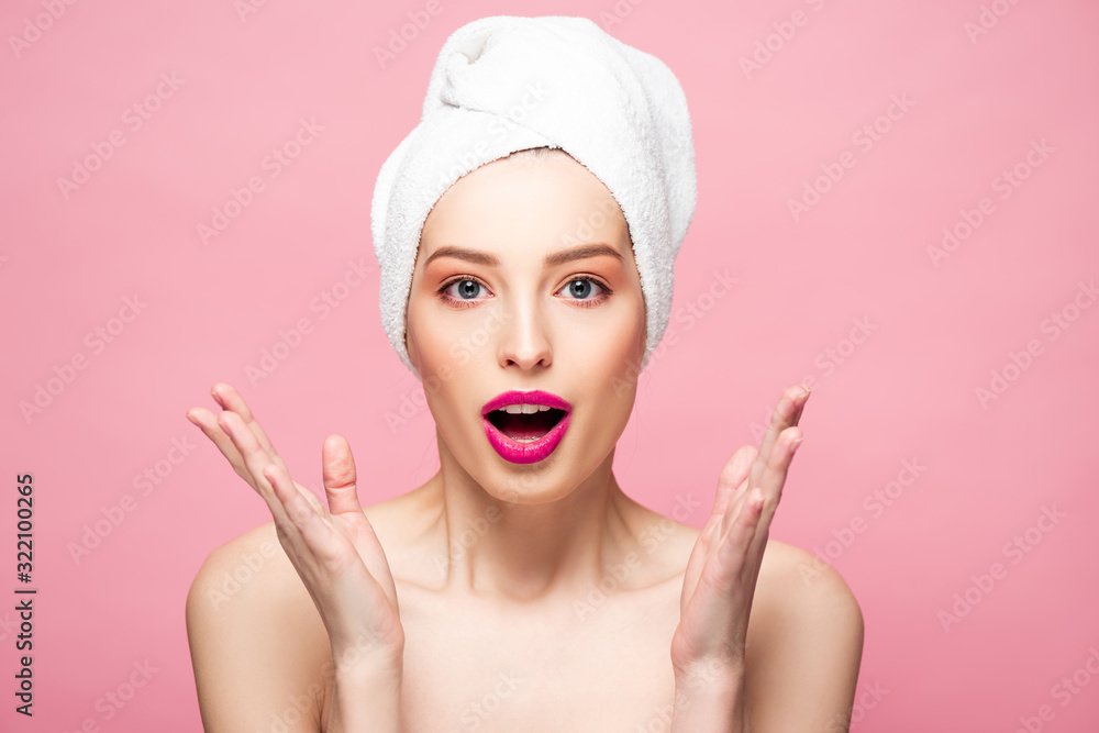 shocked naked woman gesturing and looking at camera isolated on pink shocked naked woman gesturing and looking at camera isolated on pink