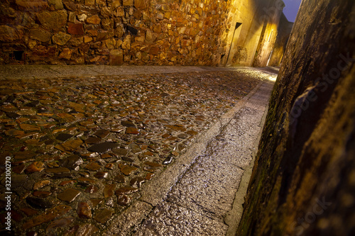 Intramural street of the old part of Caceres after the rain at night © Armando