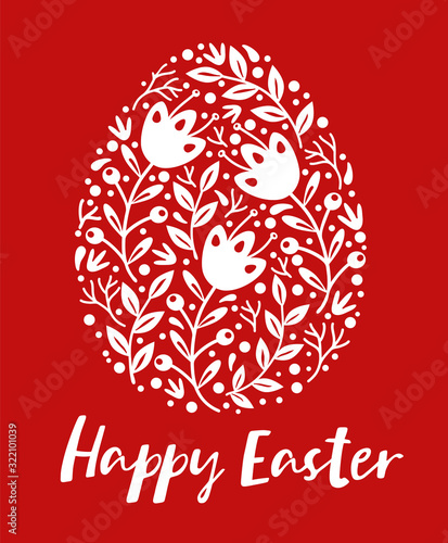 Vector egg shape with folk flowers and leaves on the red background. Vector illustration with lettering.