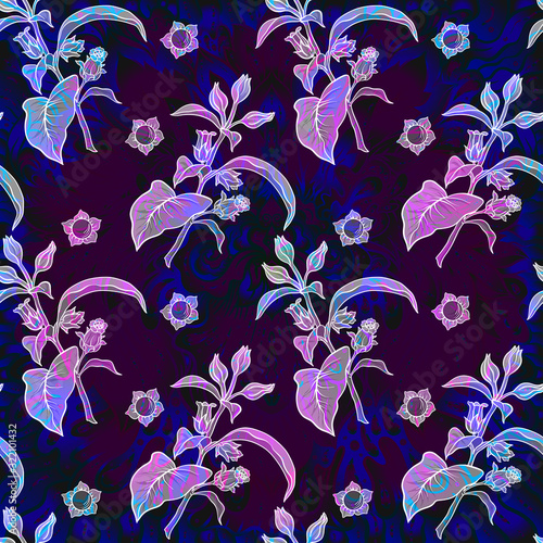 Seamless pattern, background with miraculous, hallucinogenic plants in botanical style in neon colors. Vector illustration