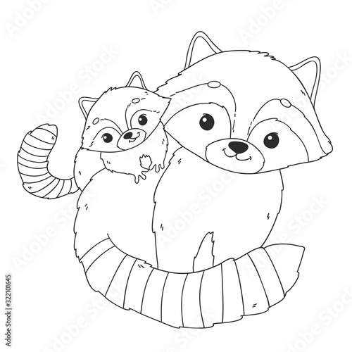 Coloring page with cute racoon. Mother and baby